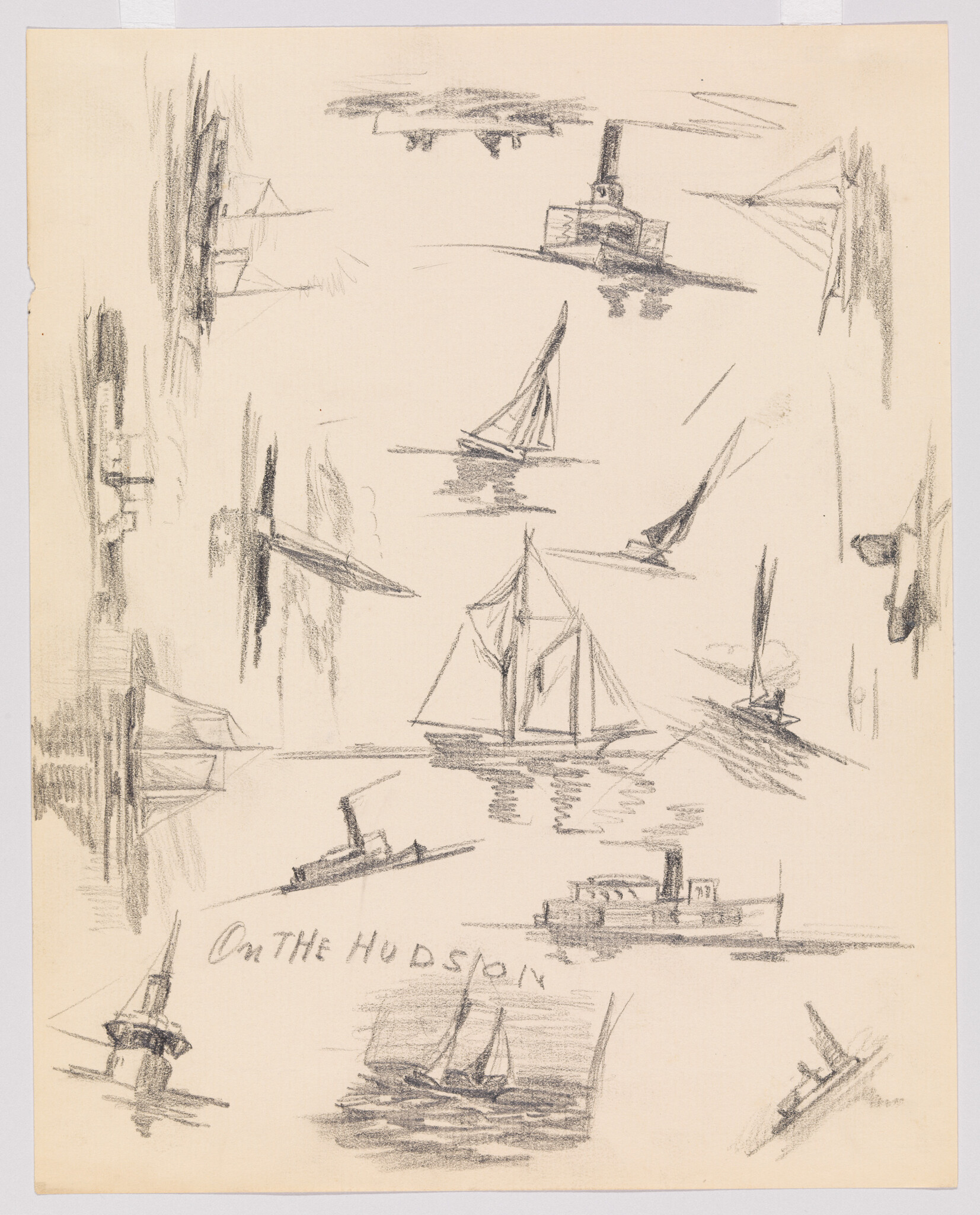 Several quick pencil sketches of sailboats and steamships on the Hudson River, labeled "On the Hudson."