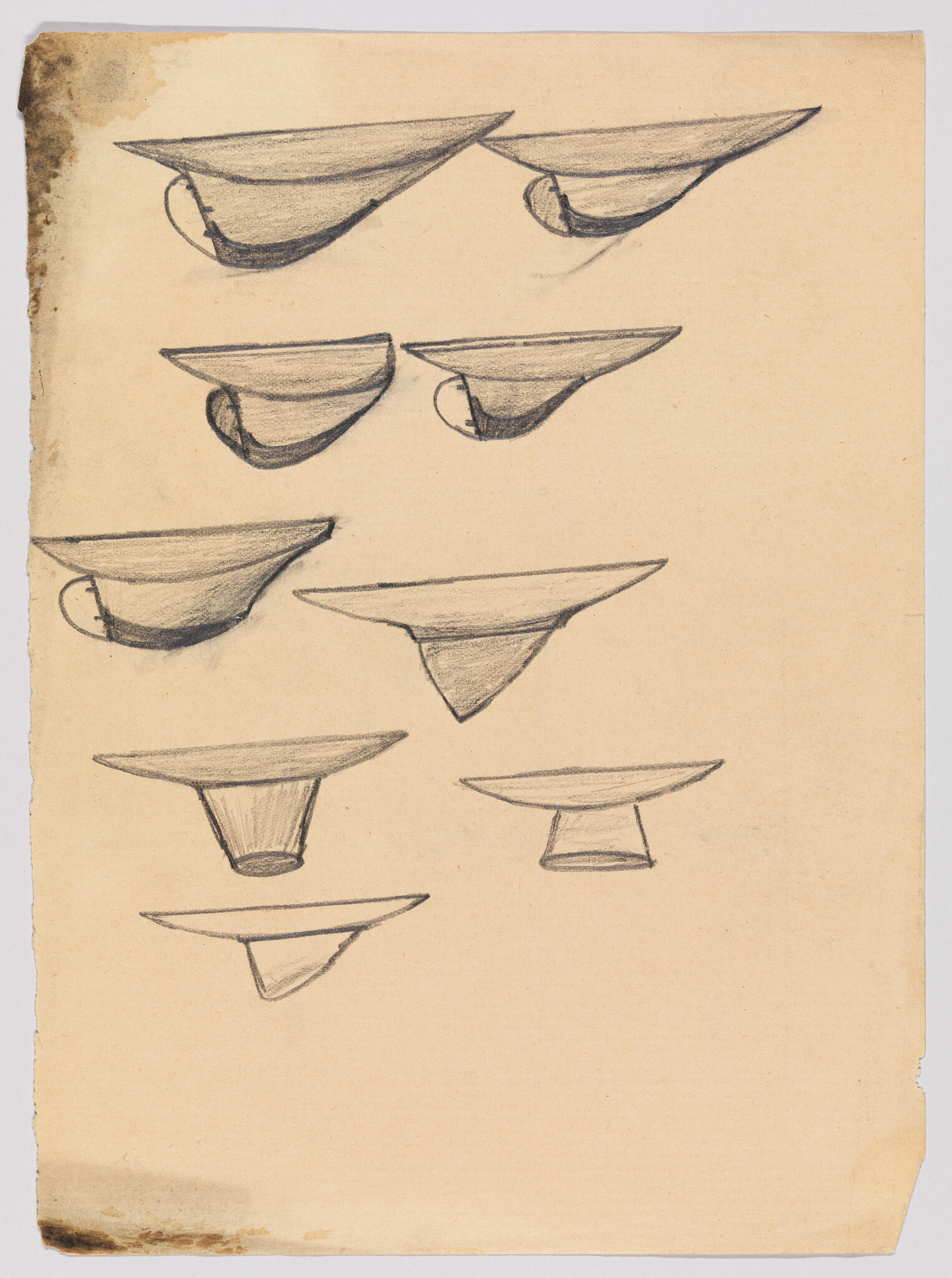 Several pencil sketches of simple bowl and cup shapes on aged paper.