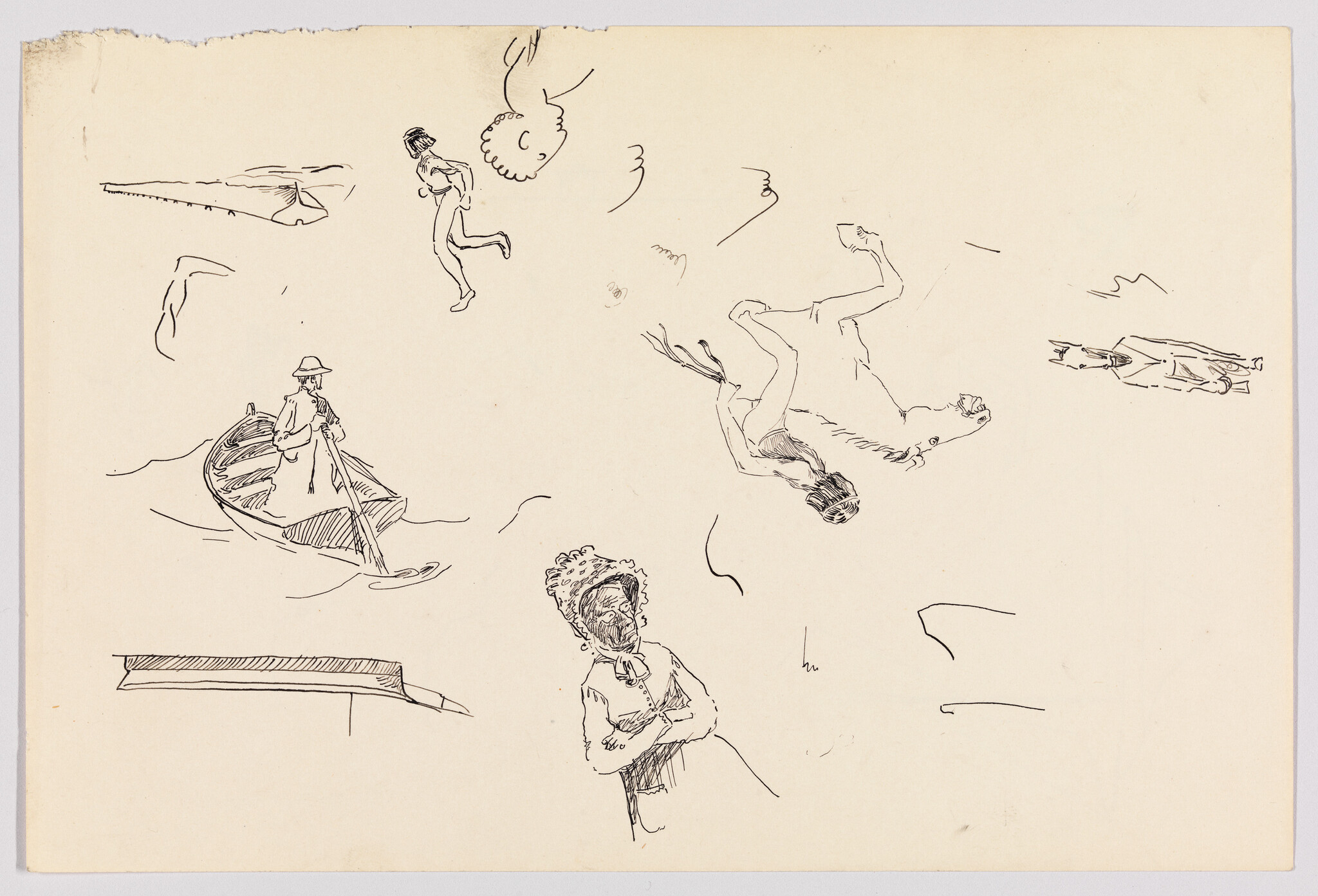 A sketch page with various drawings including a person running, a figure falling backwards, a person rowing a boat, a fish-like creature, and a person standing with crossed arms. The sketches are loosely drawn with dynamic lines and appear to be quick studies of different subjects and actions.