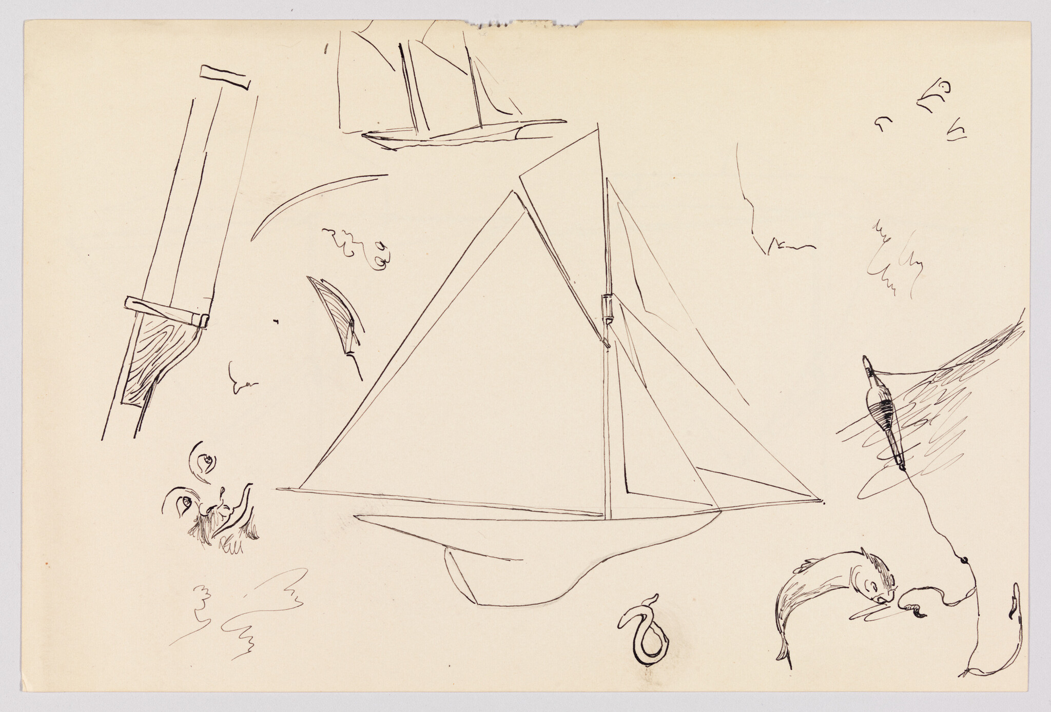 A simple pen sketch of a sailboat with surrounding small doodles of fish, face, and buoy.