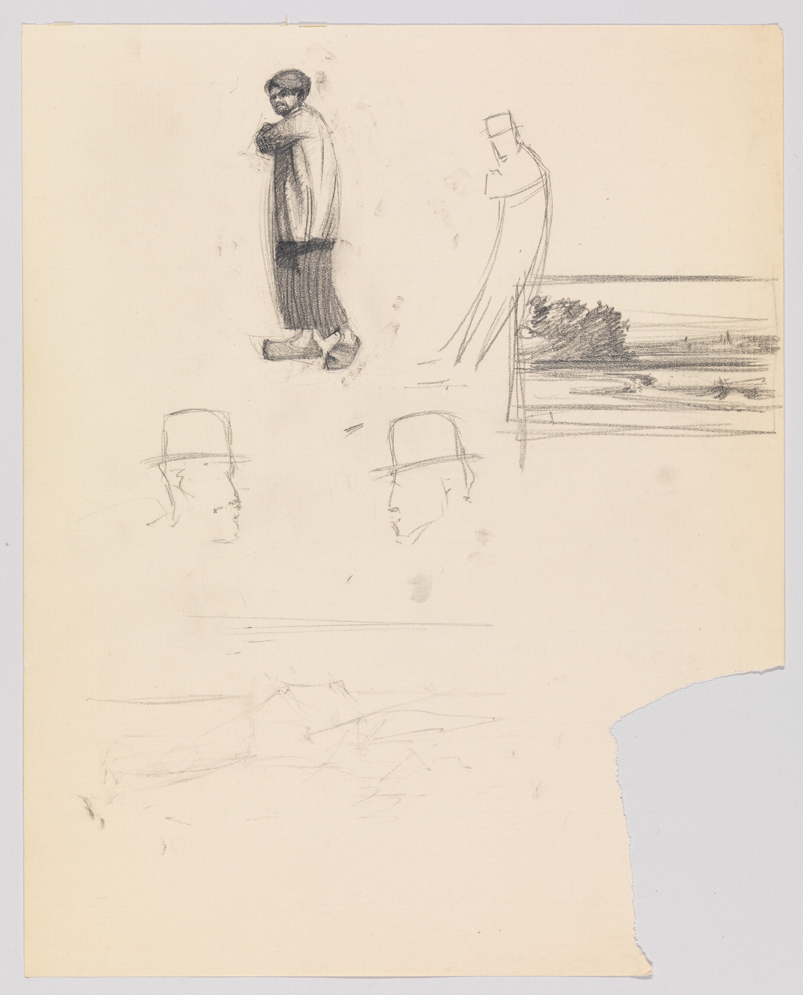 A series of pencil sketches showing a standing man with crossed arms and head studies.