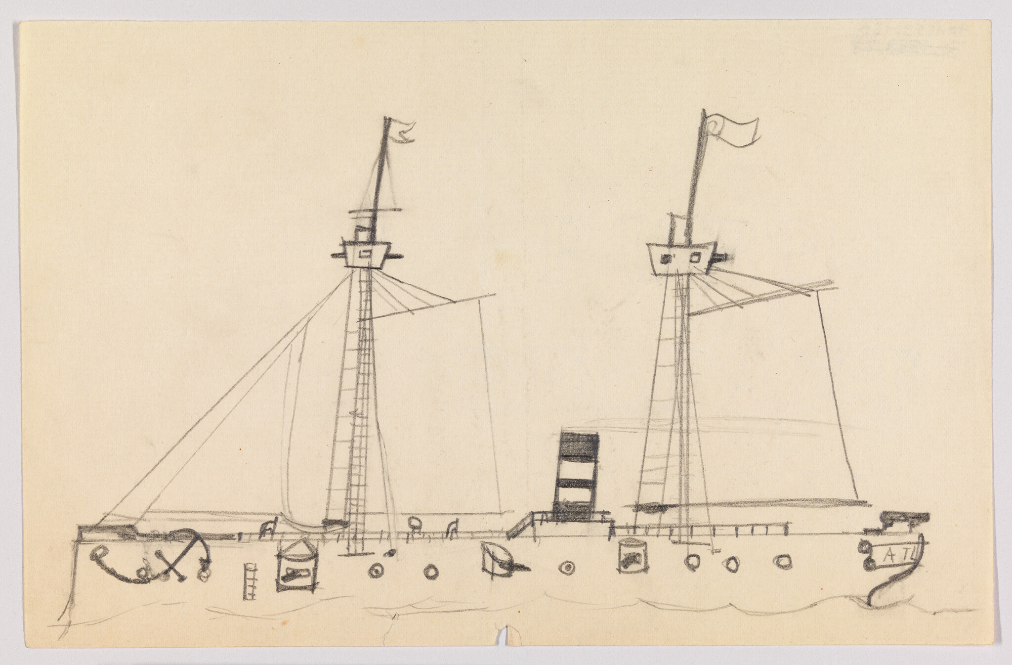 A pencil sketch of a two-masted steamship with a central smokestack and small flags.