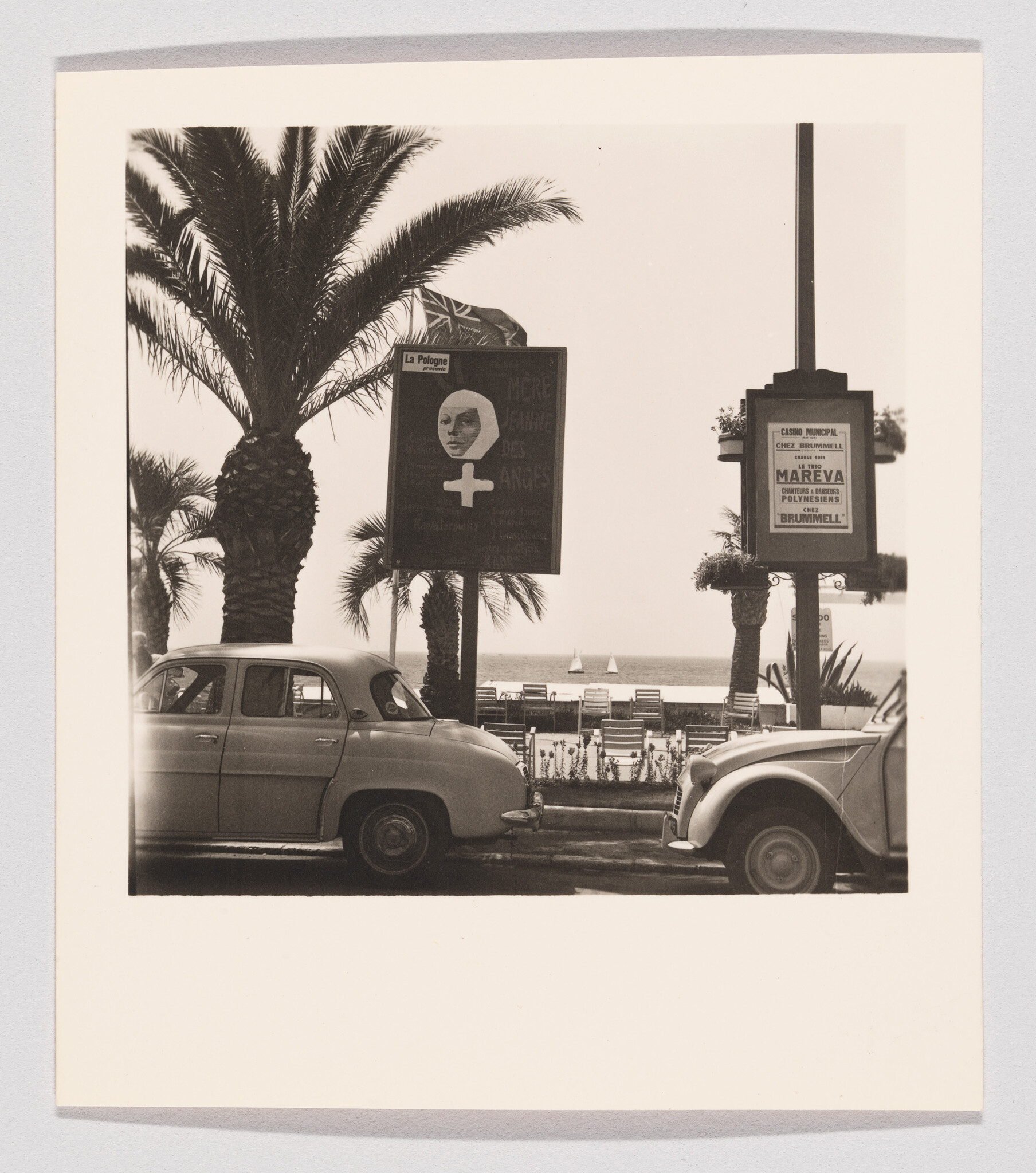 Two vintage cars parked along a palm-lined seaside promenade with advertising signs and sailboats.