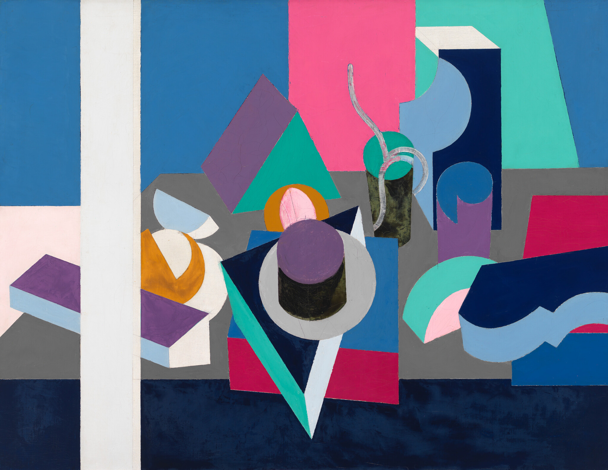 Colorful geometric shapes and cylinders arranged on a table-like surface in an abstract composition.