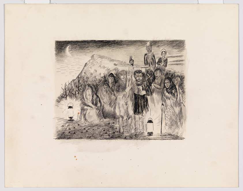 A sketch depicting a group of people, some holding lanterns, in a nighttime setting with a crescent moon in the sky. The figures appear to be emerging from or standing within a dark landscape, possibly a cave or an outdoor area at night. The style is expressive with visible lines and shading, creating a sense of movement and an eerie atmosphere.