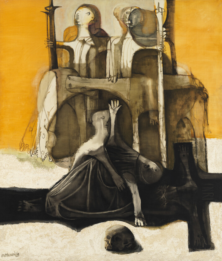 A seated figure cradles a limp body atop a dark cross while three observers stand behind.
