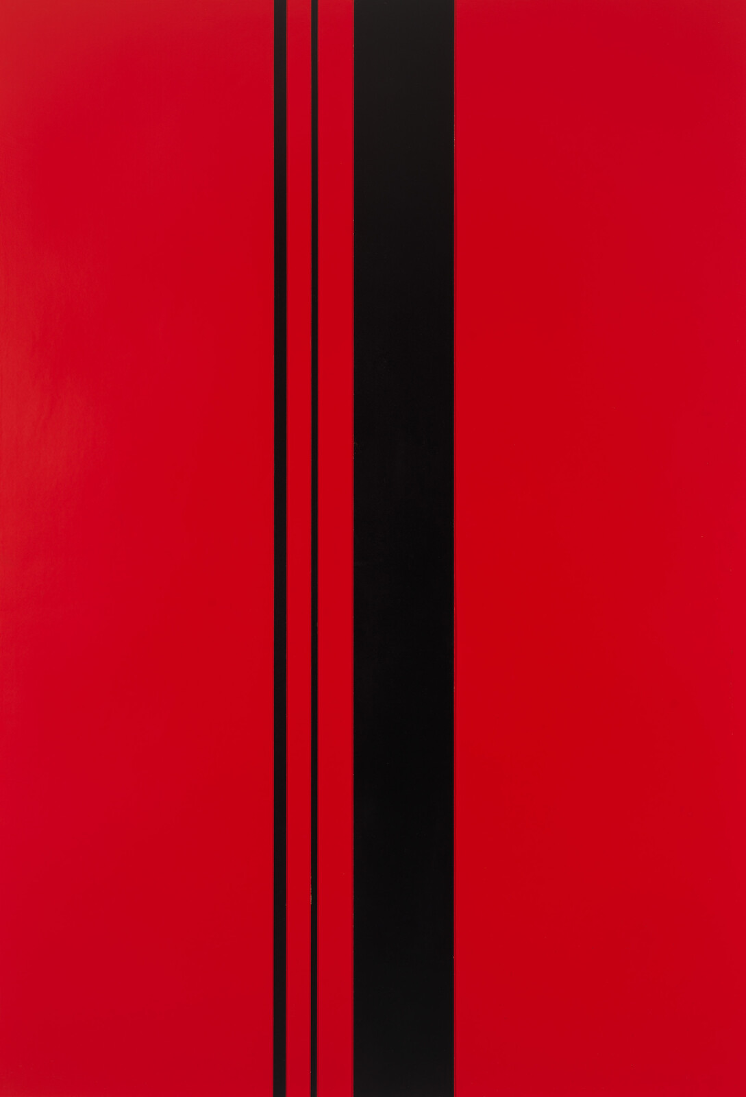 A red panel with a wide central black stripe and two narrow black stripes beside it.