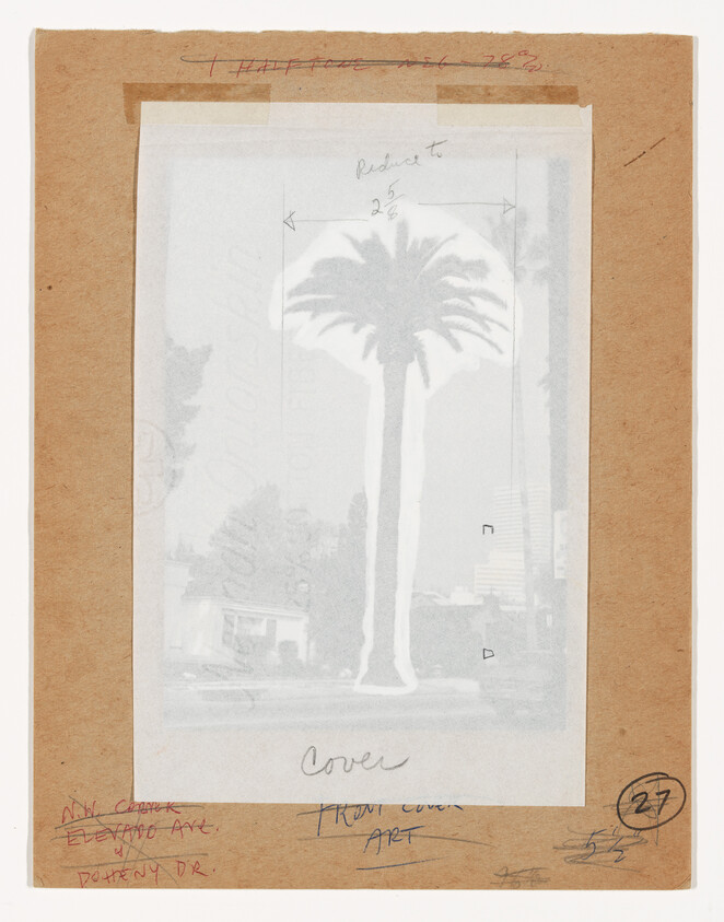 A tall palm tree silhouette printed on translucent paper taped to a brown backing with notes.