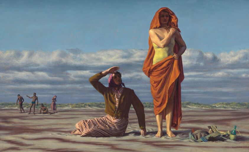 Two women on a windswept beach, one standing wrapped in orange cloth, the other seated shading her eyes.