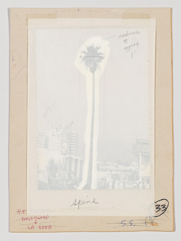 A faded photograph mounted on a cardboard frame with handwritten notes and sketches. The central image shows a tall, slender structure resembling a tower with a bulbous top, possibly a stylized palm tree, against a backdrop of indistinct buildings. The words "reduce to approx 1" are written near the top, while "Spire" is written at the bottom center. Additional notes on the frame include "KEEP FLAT," "NE HOLLYWOOD LA BREA," and some illegible text, along with the number "33" circled and "S.S. 64" in blue ink. The overall appearance suggests a conceptual or planning stage of a design or artwork.