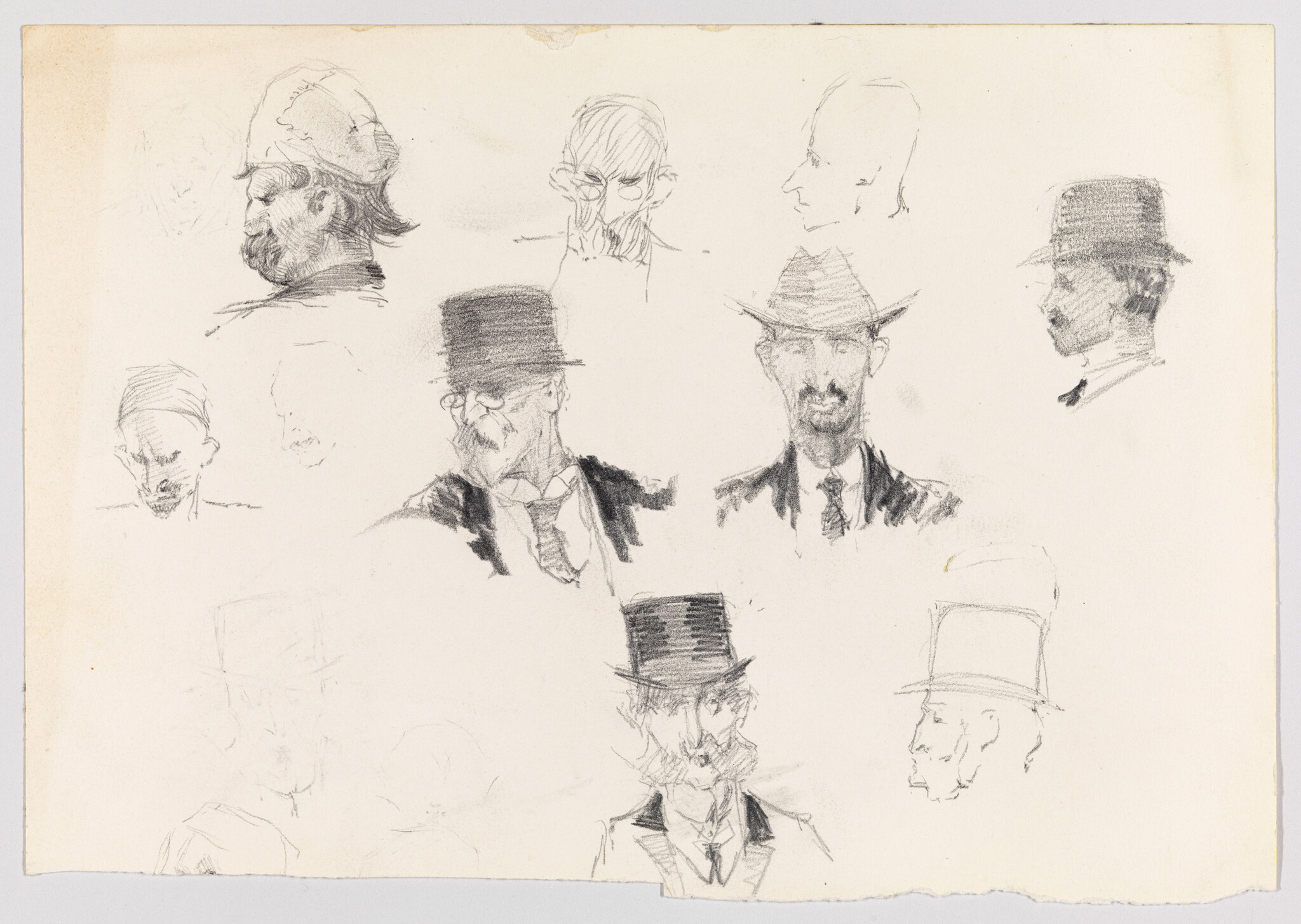 Several pencil head sketches showing men in different hats and facial profiles on blank paper.