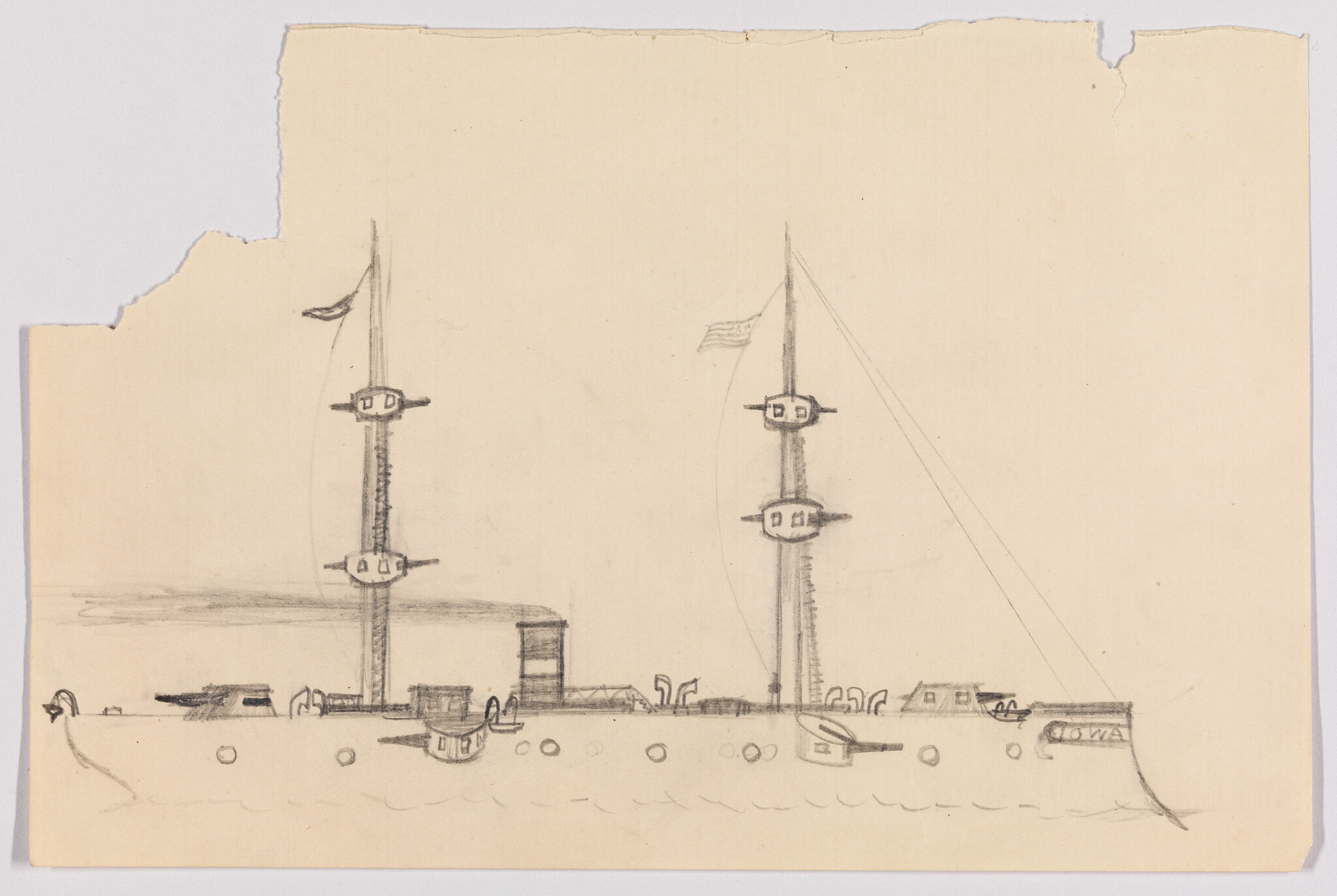 A pencil sketch of a two-masted naval ship with lookout platforms and a small flag.