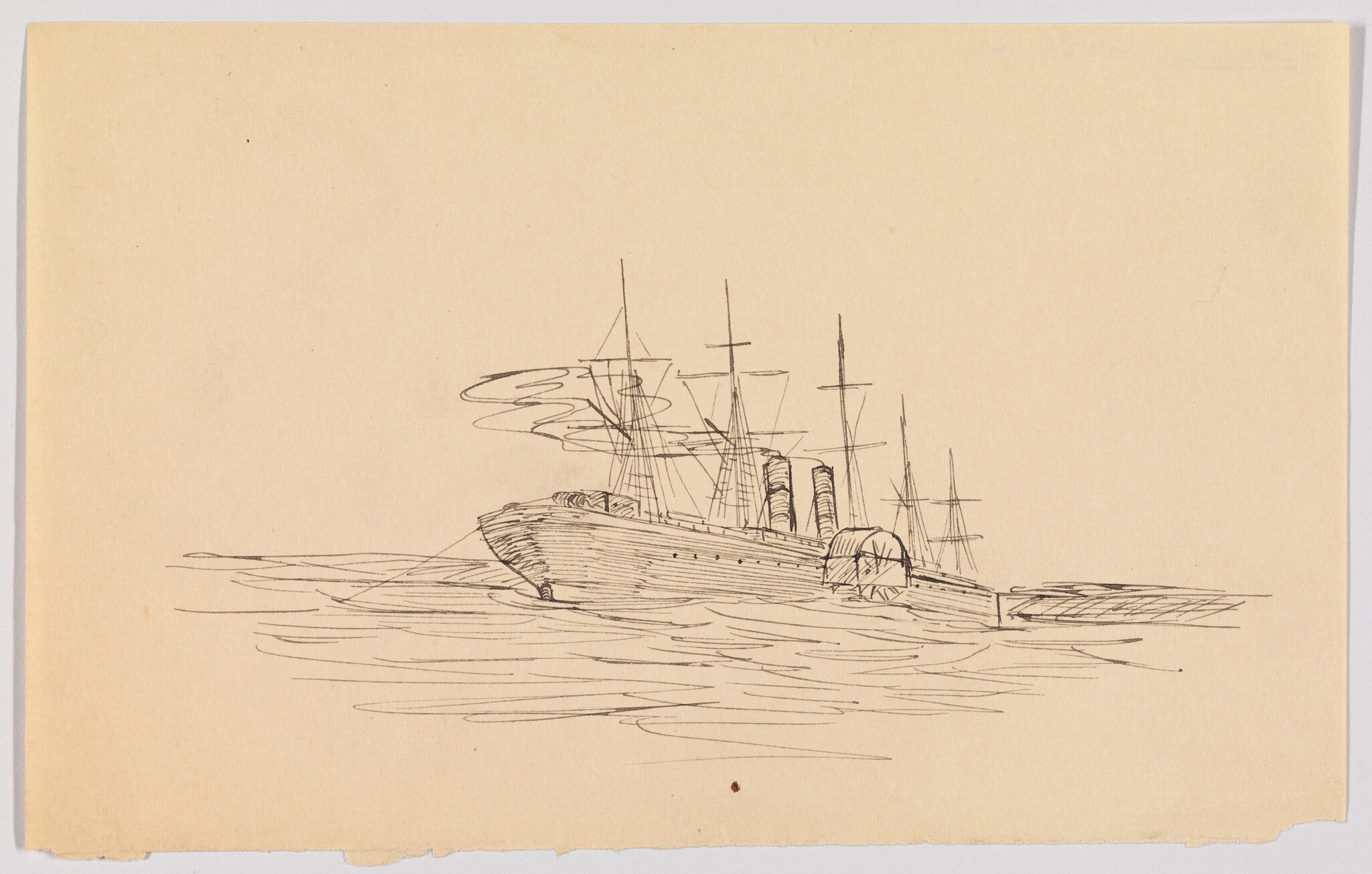 Pencil drawing of a steamship with side paddle wheel and tall masts on the water.