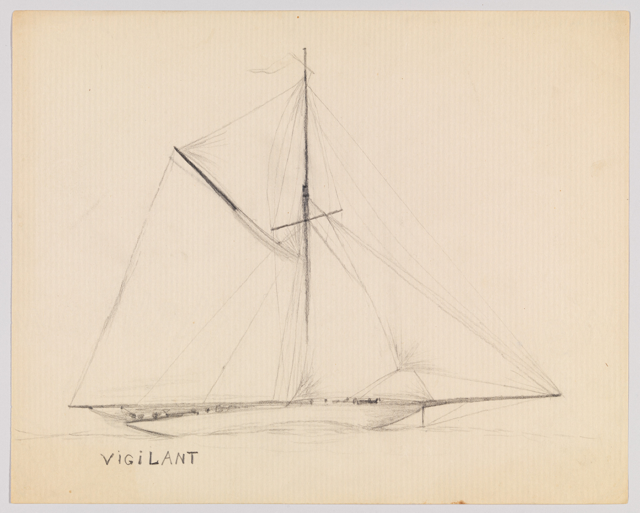 A pencil sketch of a gaff-rigged sailboat named Vigilant with tall mast and rigging.