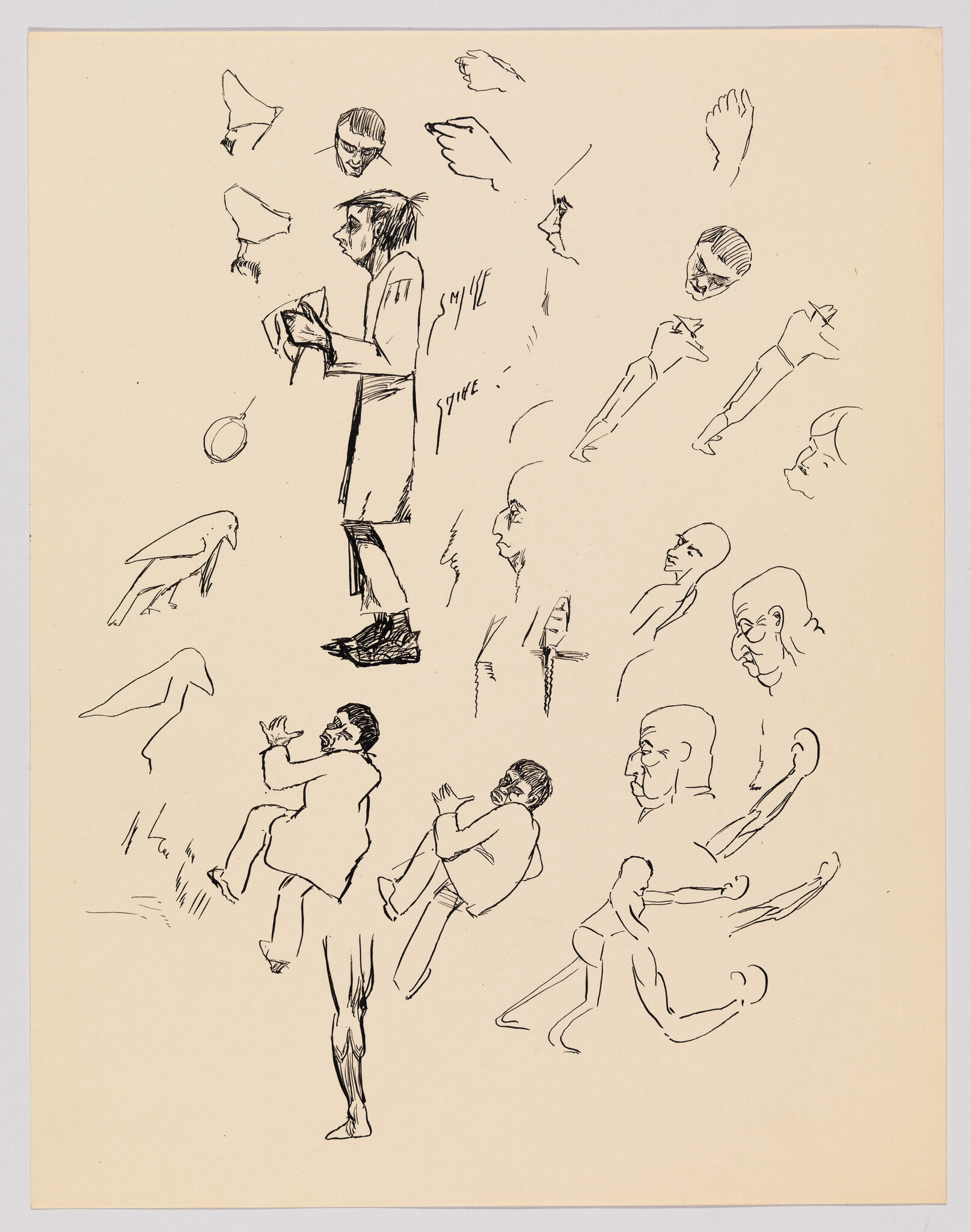 Pen and ink sketches showing multiple quick studies of heads, hands, and figures in motion.