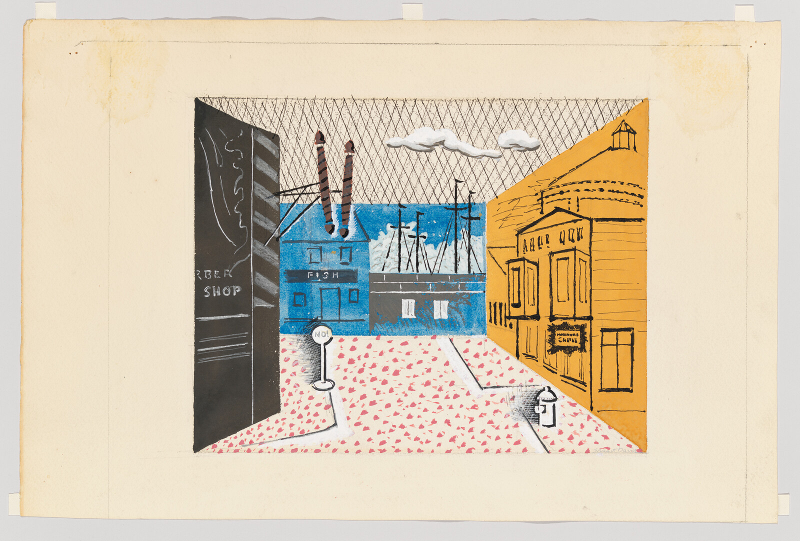 Stylized street scene with colorful shopfronts flanking a patterned walkway leading to a harbor.