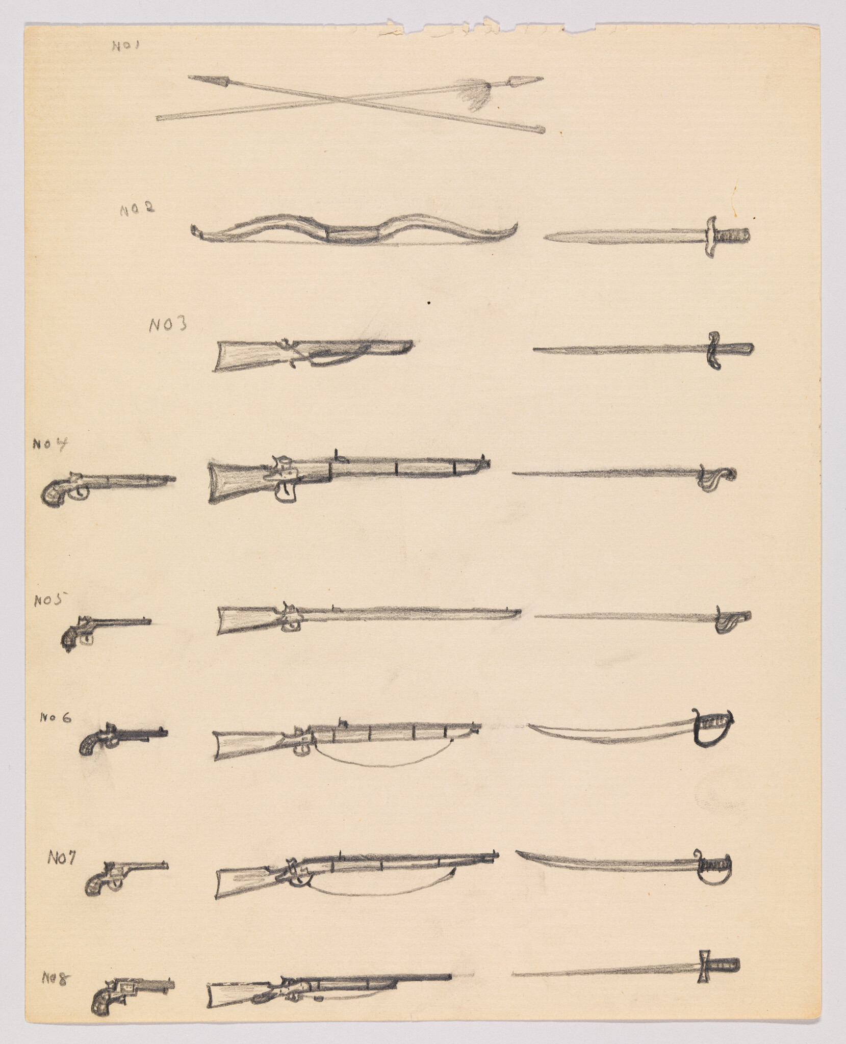 Several rows of pencil sketches showing different historical weapons including arrows, bows, pistols, rifles, and swords.