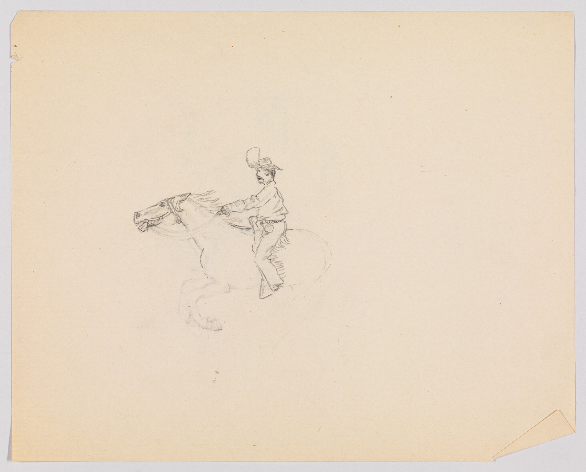 A small pencil sketch of a cowboy wearing a hat riding a galloping horse.