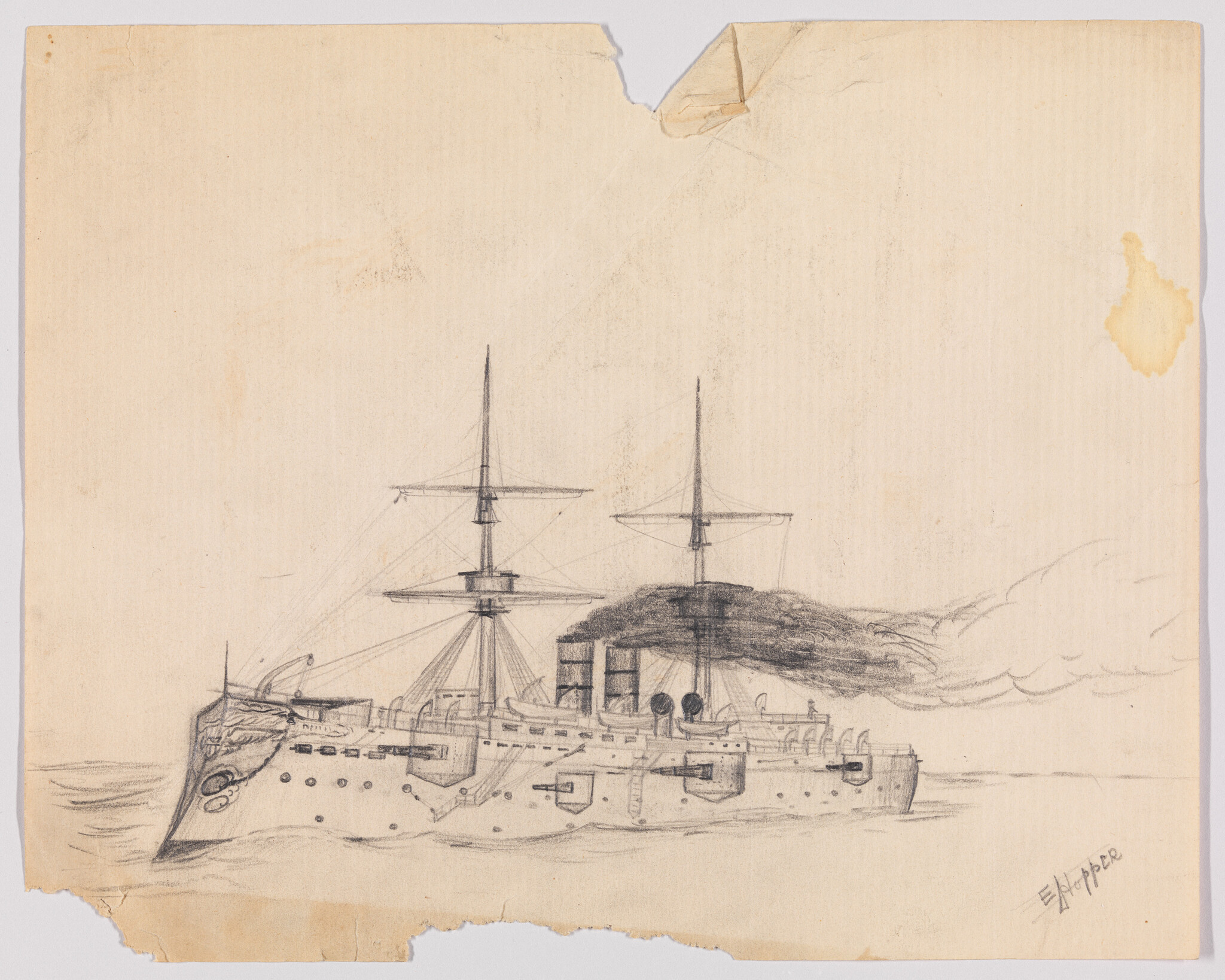 A pencil sketch of a steam warship with two tall masts and dark smoke from its funnels.