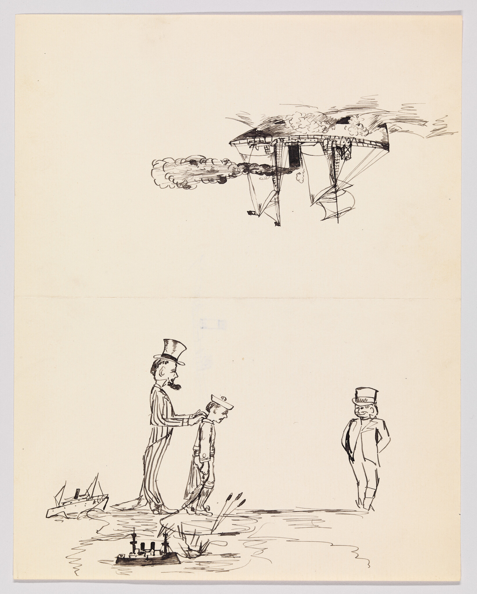 A tall man in a top hat leads a slumped boy across water toward another man while boats float nearby.