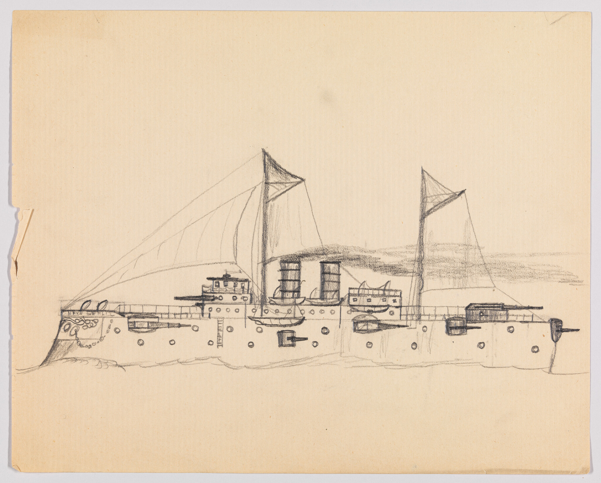 Pencil sketch of a two-masted warship with smokestacks and guns drawn in profile.