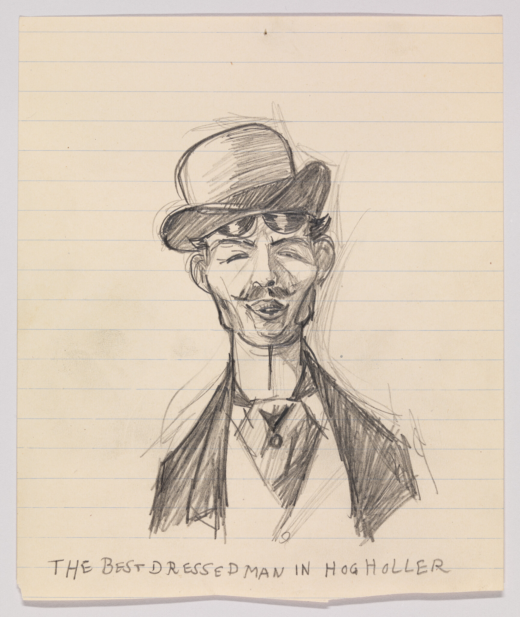 A mustached man wearing a bowler hat and suit with caption "The best dressed man in Hogholler."