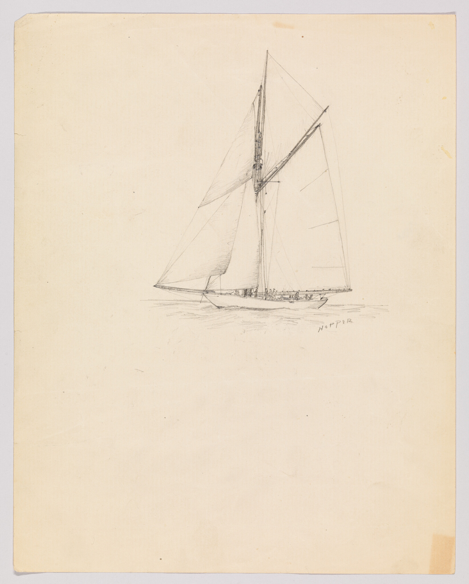 A pencil sketch of a sailboat with tall mast and sails gliding on calm water.