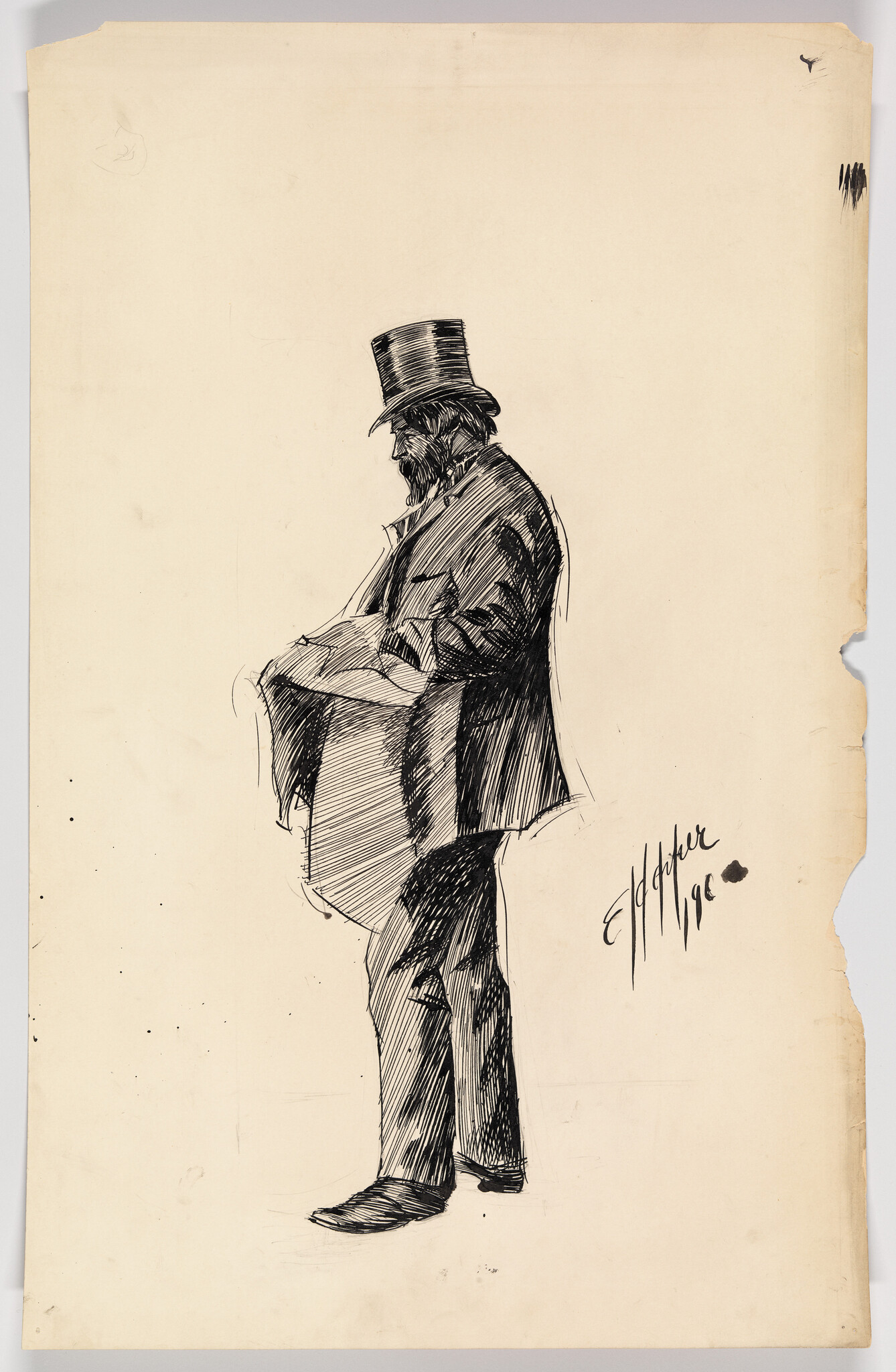 A bearded man in a top hat stands reading a folded newspaper.
