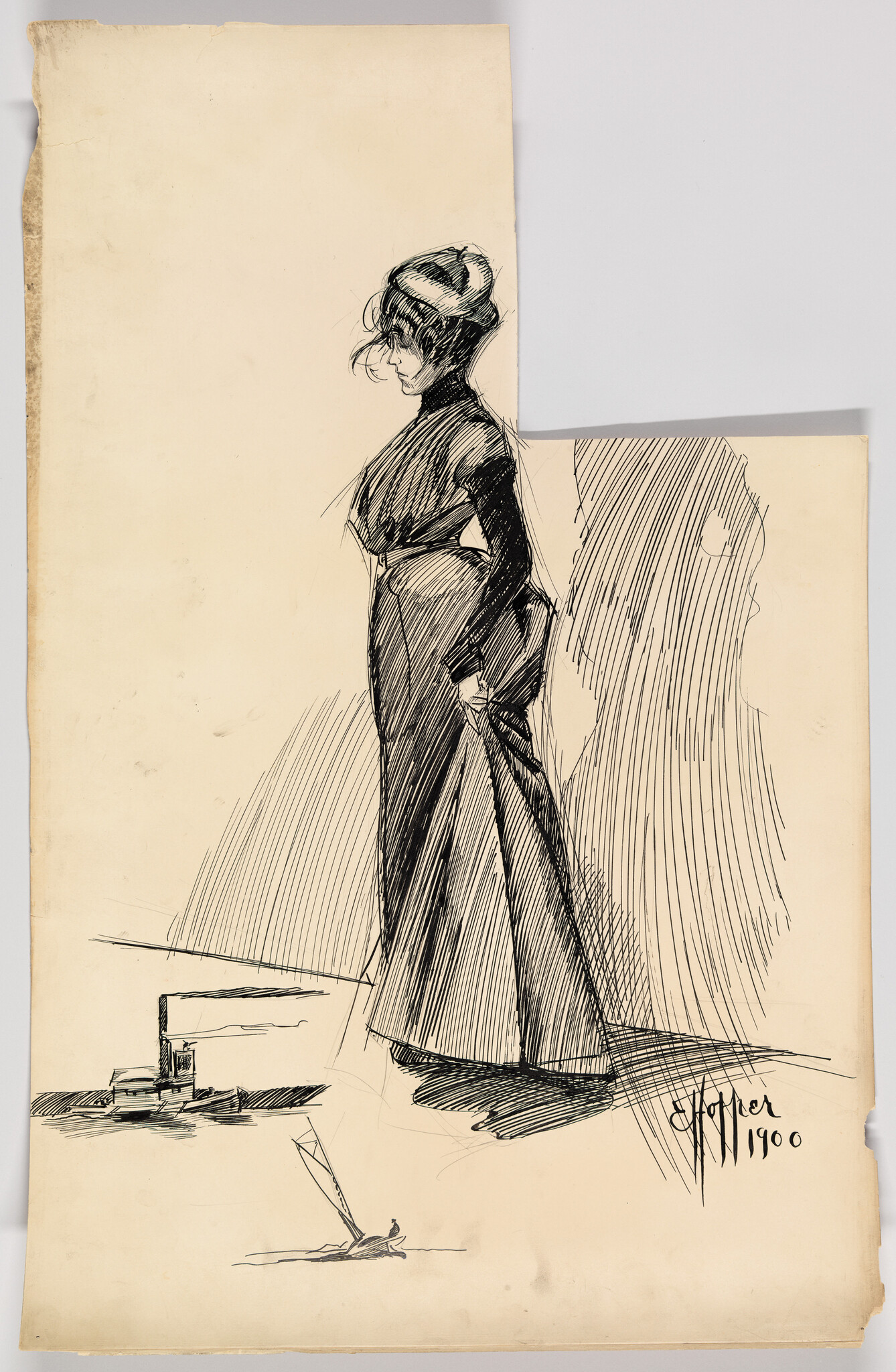 Young woman in a long dress stands in profile, hand holding skirt, looking downward.