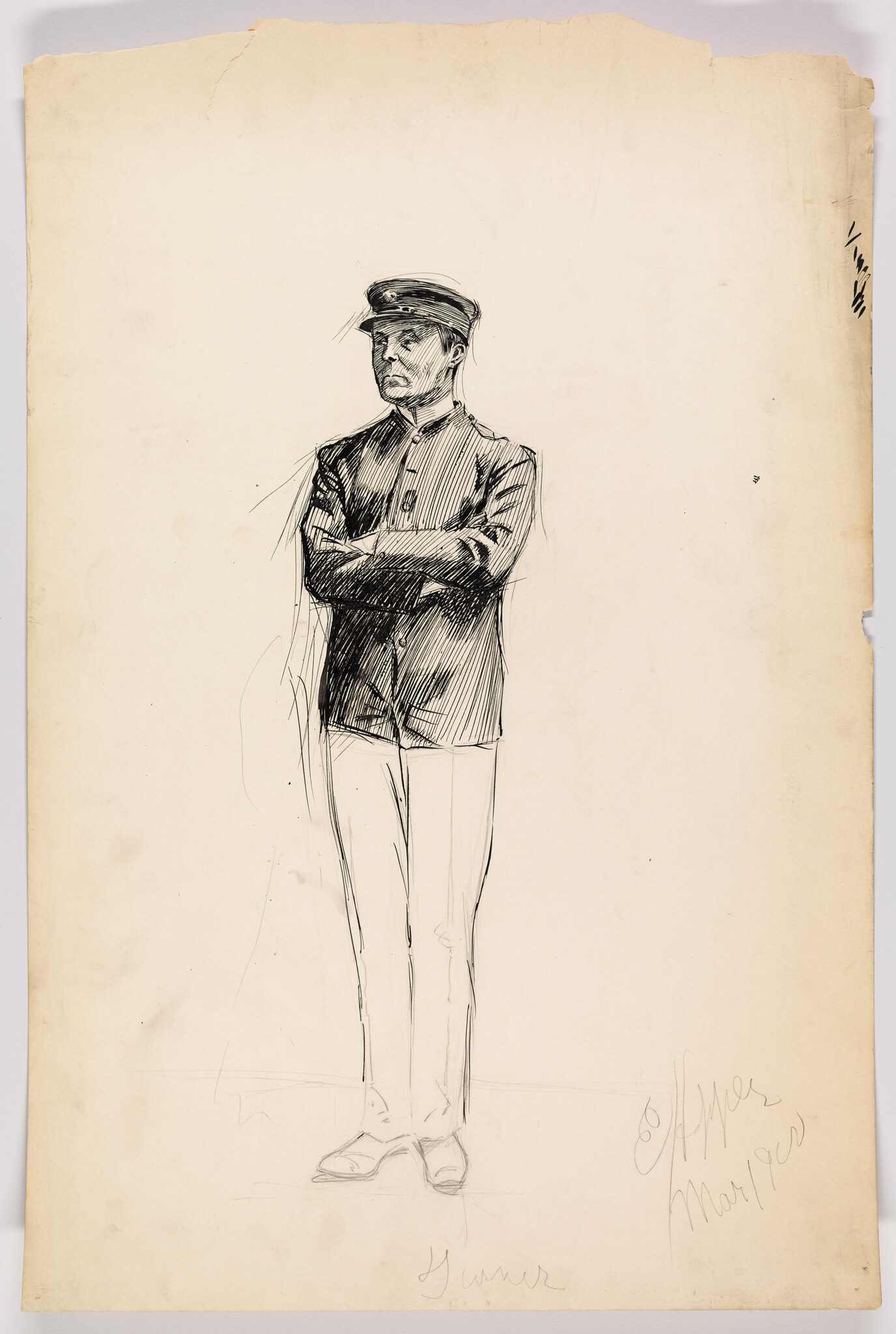 A pen sketch of a uniformed man standing with arms crossed and wearing a cap.