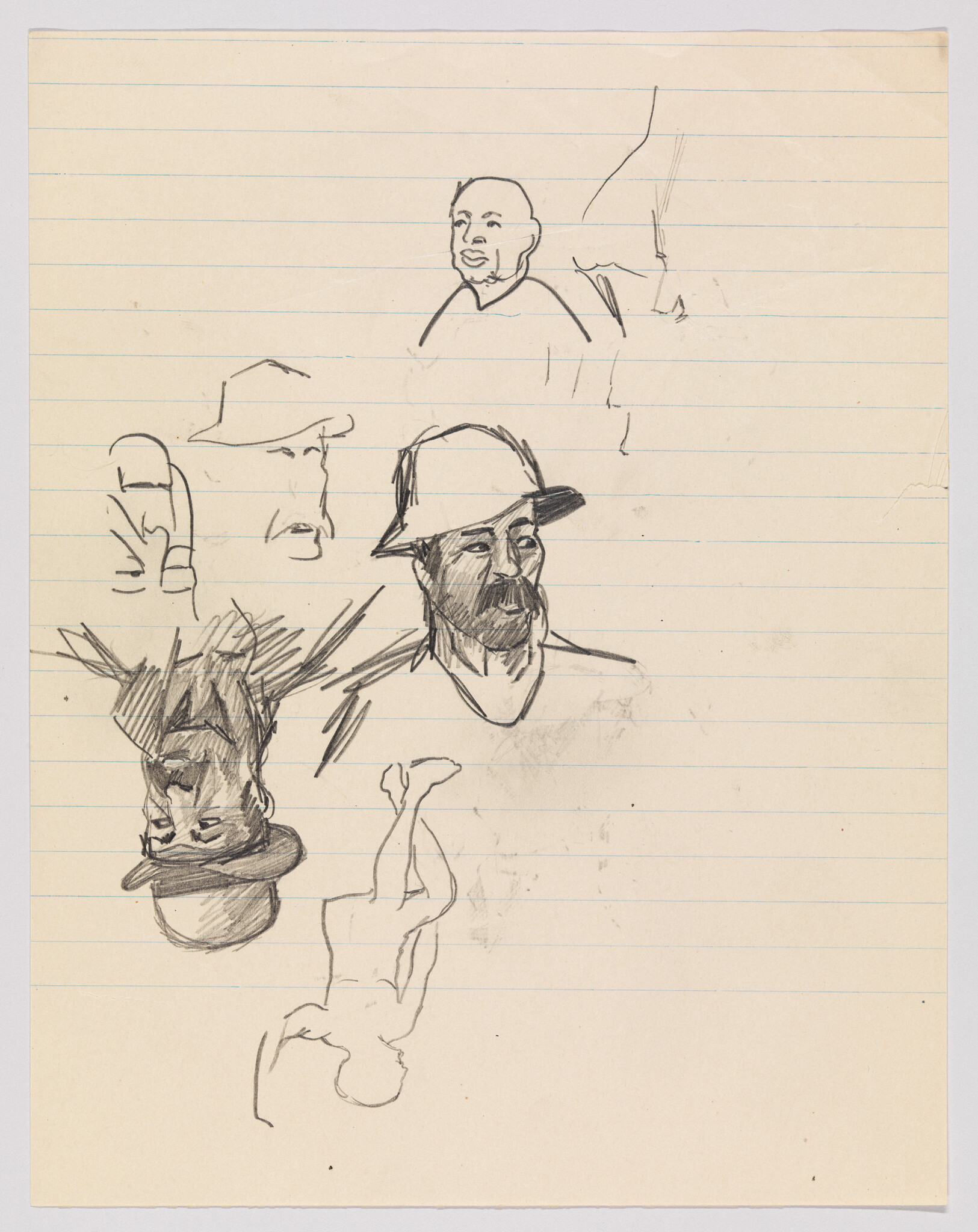 Pencil sketches of several men wearing hats and a small upside-down nude figure.