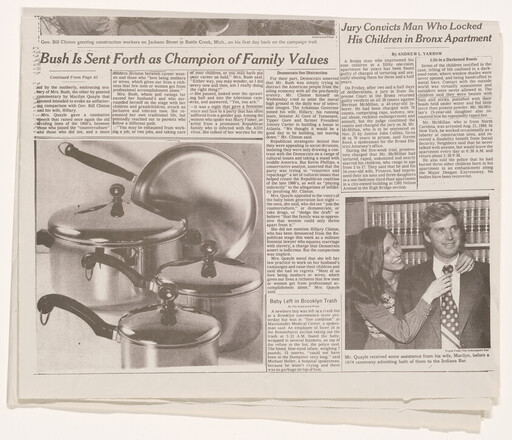 Newspaper front page with headline "Bush Is Sent Forth as Champion of Family Values" above photo of cookware.