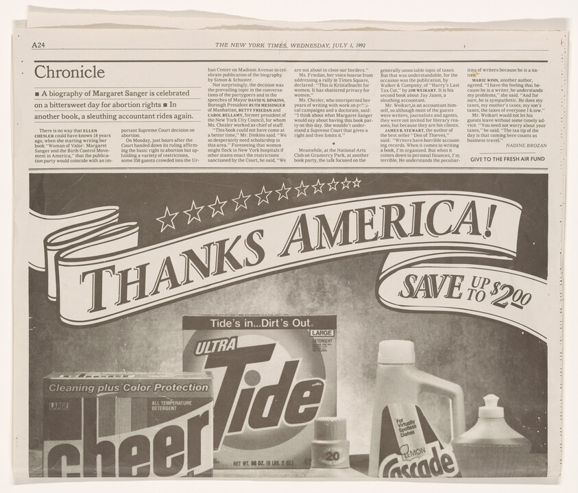 A vintage newspaper clipping featuring an advertisement with the headline "THANKS AMERICA!" in bold letters, promoting Tide laundry detergent with a "SAVE UP $2.00" coupon offer. The ad includes images of Tide products and a smaller Cheer laundry detergent box. The paper is dated Wednesday, July 1, 1992, from The New York Times, and the visible articles discuss various topics, including a biography of Margaret Sanger and tax discussions among writers.