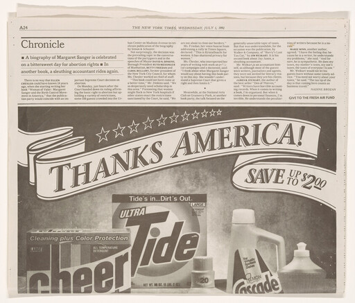 Newspaper advertisement banner reading "Thanks America!" above household detergent products including Tide and Cascade.