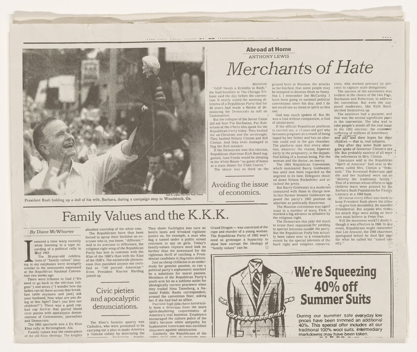 A black and white photograph of President Bush holding up a doll of his wife, Barbara, during a campaign stop, featured in a newspaper article with the headline "Family Values and the K.K.K." The newspaper also contains other articles and advertisements, including one for a summer suit sale.