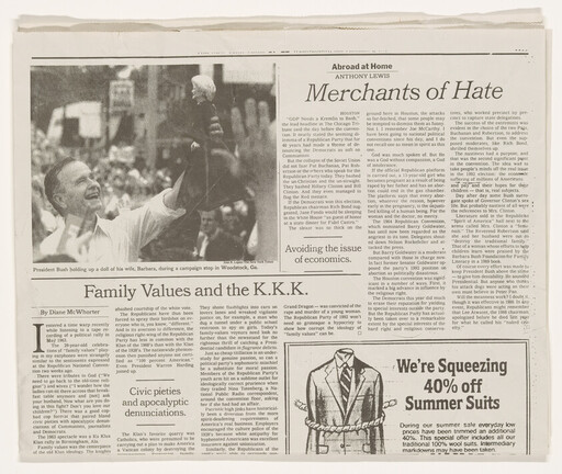 Newspaper page with headlines about hate and the K.K.K. and a man holding a doll.