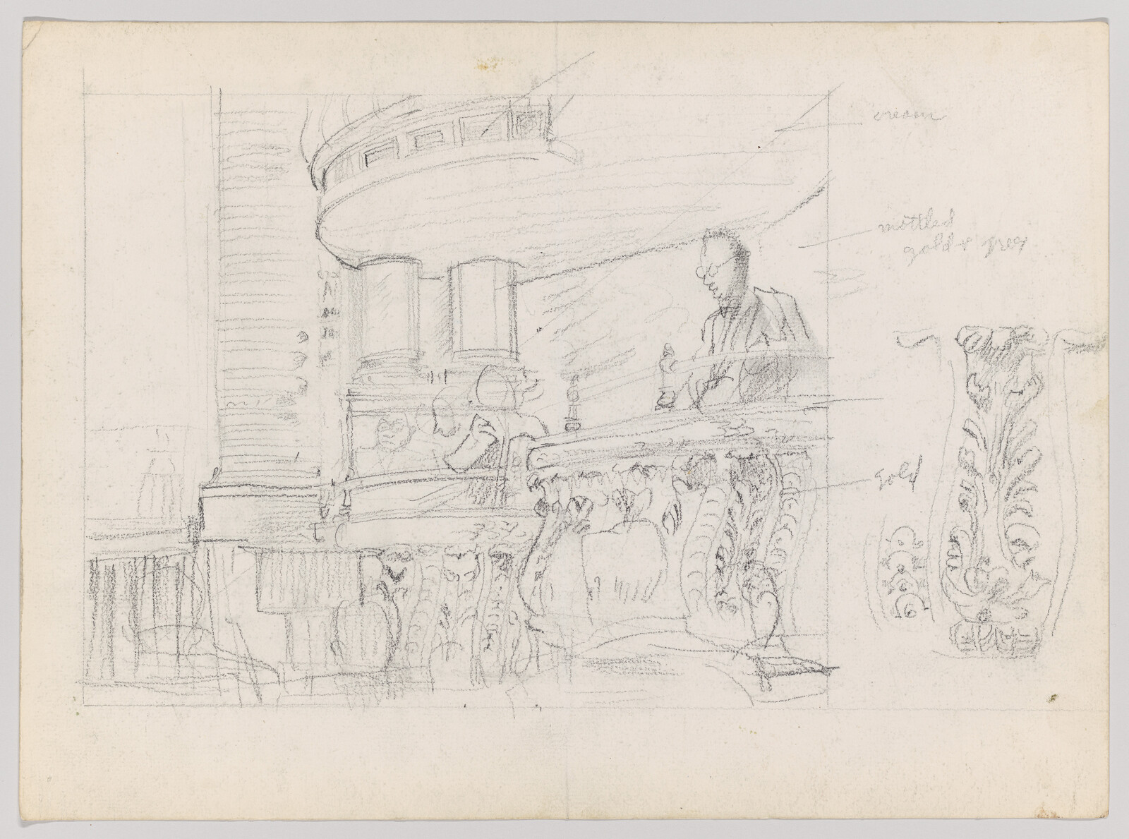 A pencil sketch of a man speaking from an ornate balcony with carved columns.