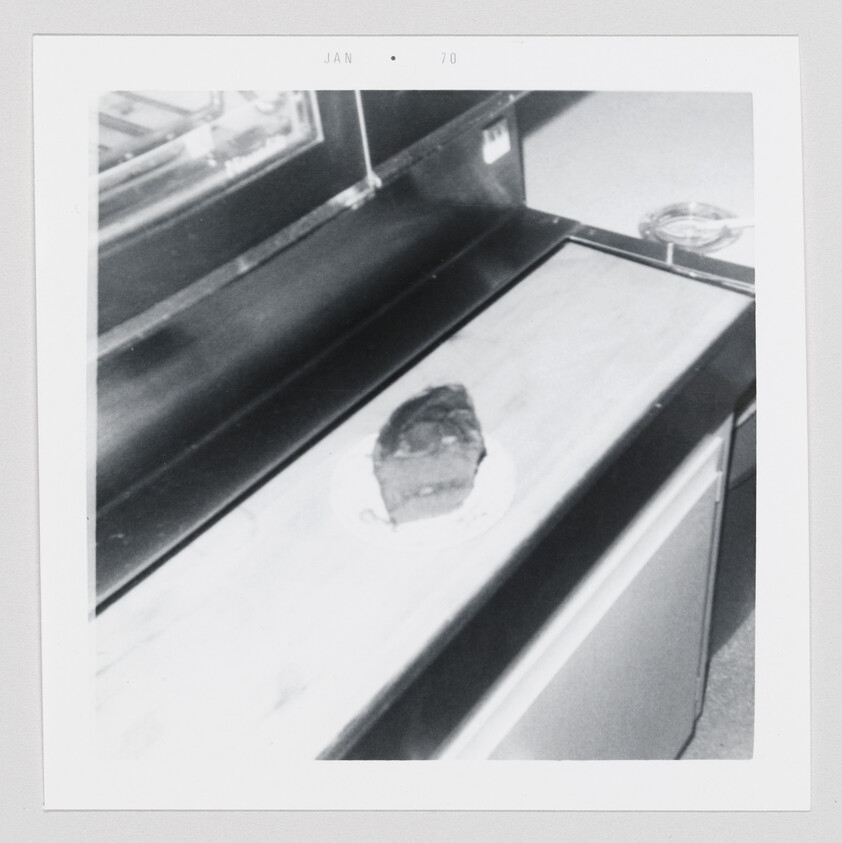 A single slice of cake on a small plate sits on a kitchen countertop near a stovetop.