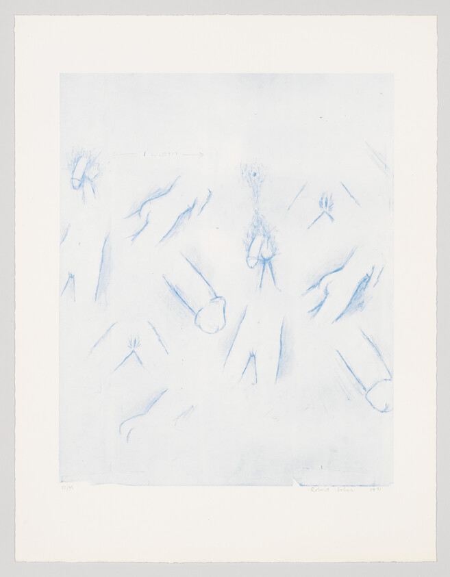 A light blue pencil drawing on white paper featuring a series of abstract shapes and lines that suggest a sense of movement or organic forms. Some shapes resemble flowers or bursts, while others are elongated like leaves or feathers. The artist's signature and the year are visible in the bottom right corner.