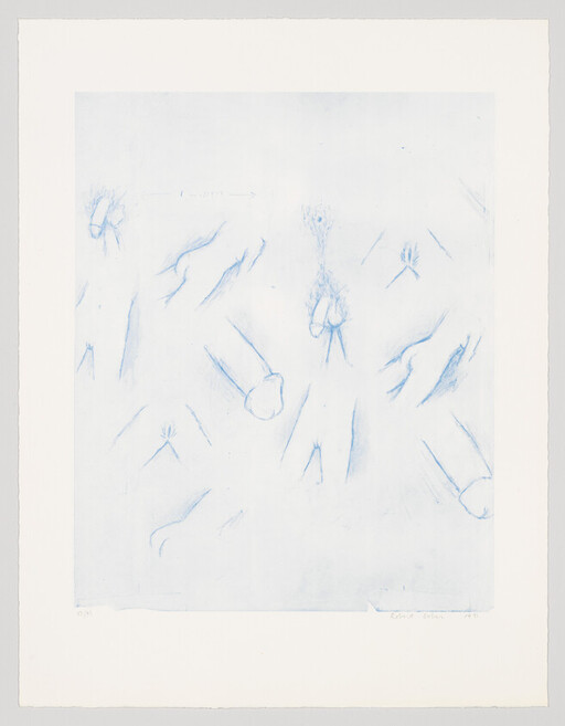Light blue pencil sketches of various hand and finger studies scattered across pale paper.