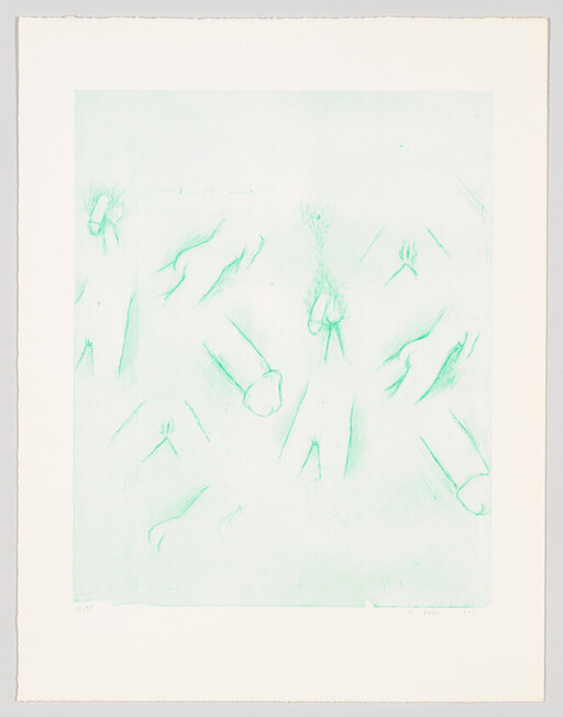 Scattered light teal sketches of abstract plant and hand shapes on a pale off-white background.