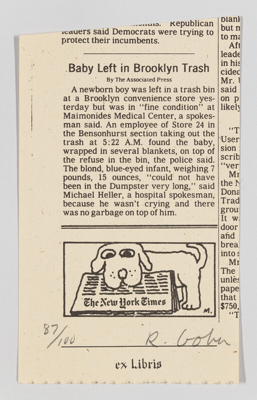 Newspaper clipping with headline "Baby Left in Brooklyn Trash" reporting a newborn found in a trash bin.