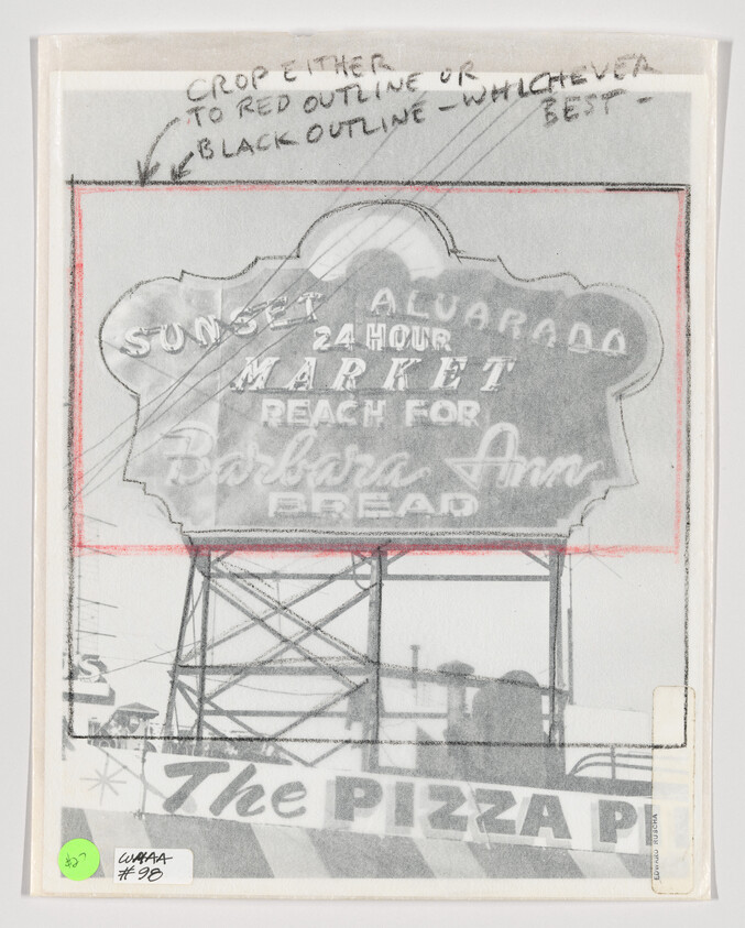 Retro billboard sign reading '24 hour market' and 'Barbara Ann bread' above a pizza shop.