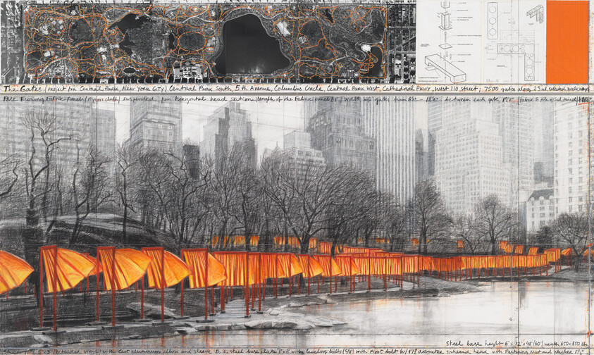 This image is a collage featuring a black and white sketch of a city park with leafless trees and high-rise buildings in the background, overlaid with vibrant orange fabric panels installed on several gates along a path. The top left corner includes a map of the park with highlighted routes, and the right side displays technical drawings and notes related to the installation of the fabric panels. The artwork represents "The Gates" project in Central Park, New York City.