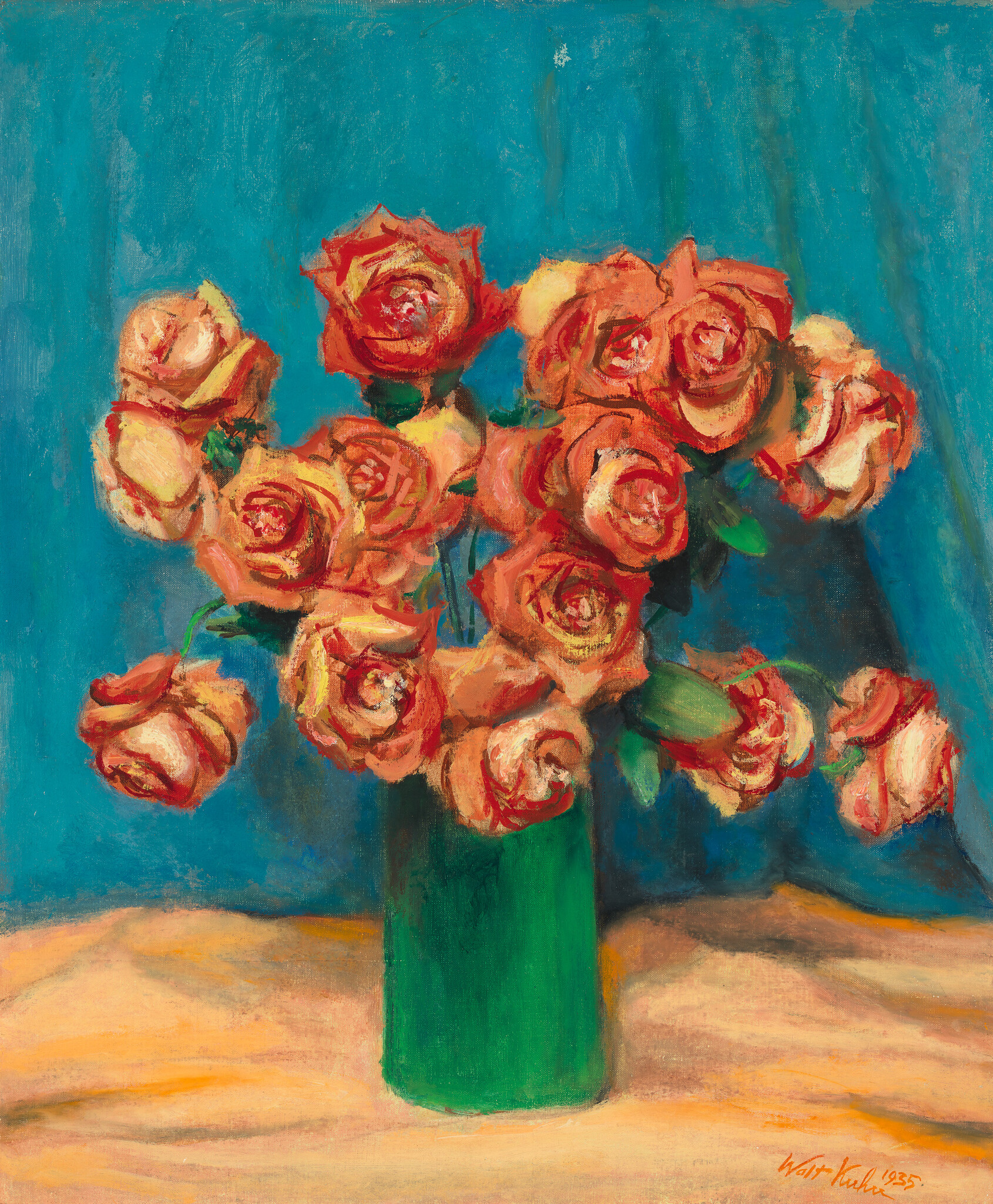A bouquet of orange roses arranged in a green vase against a blue background.