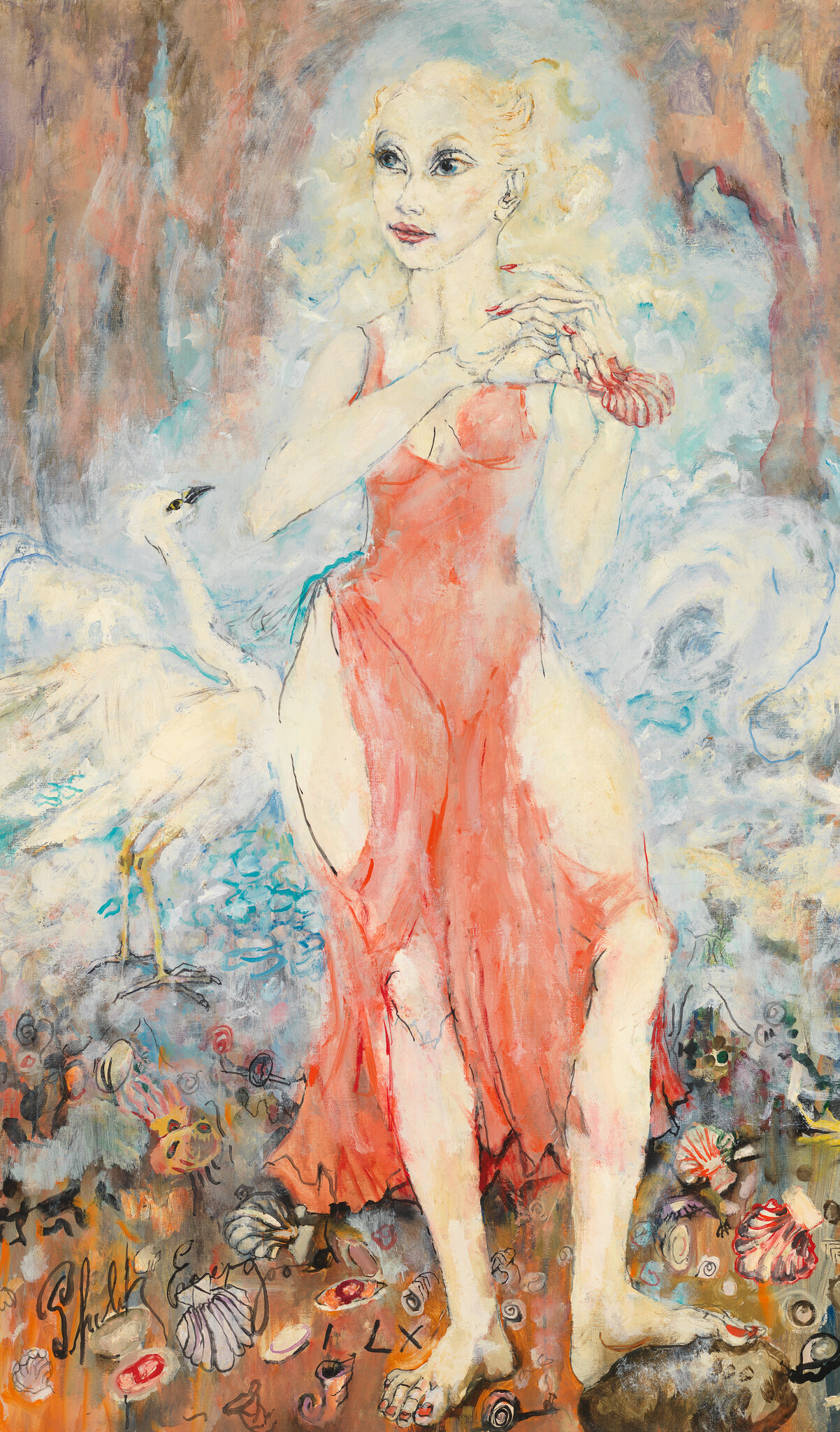 An expressive painting depicting a woman in a flowing red dress standing amidst a whimsical, abstract landscape. Her gaze is directed to the side as she gracefully touches her shoulder with one hand. The background features a blend of soft colors and a swan-like figure, while the foreground is adorned with colorful, stylized sea creatures and symbols. The artwork has a dreamlike, surreal quality.