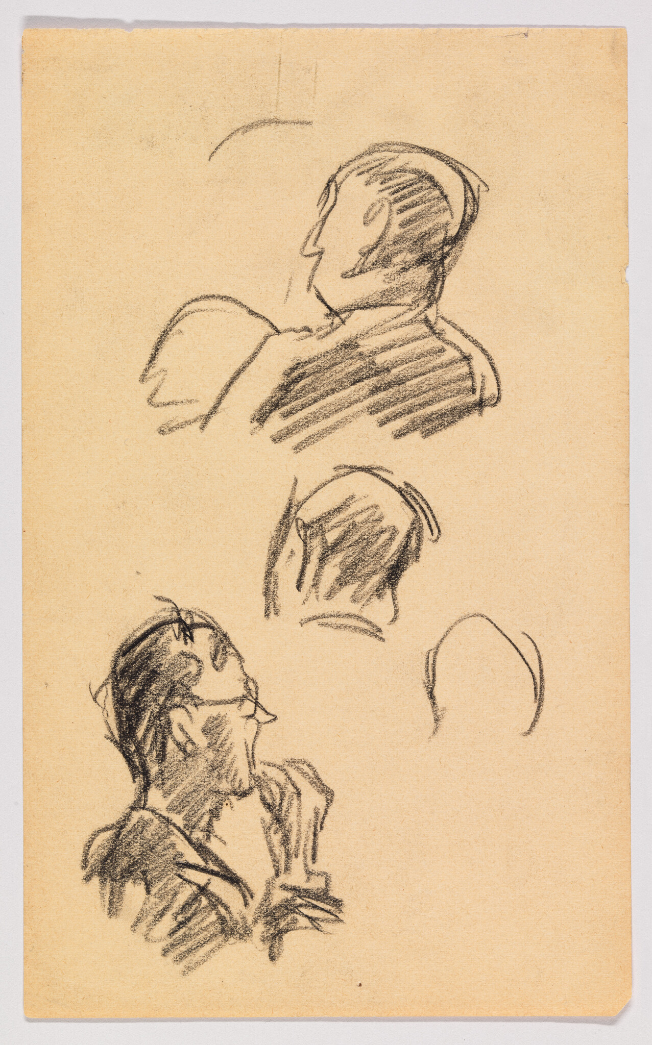 A sketch on tan paper featuring three separate studies of a man's profile. The top sketch shows the man looking upward, the middle sketch captures the man looking to the side with his chin slightly raised, and the bottom sketch depicts the man with his head turned downward, holding his chin thoughtfully. The drawings are loose and expressive, with visible pencil strokes.