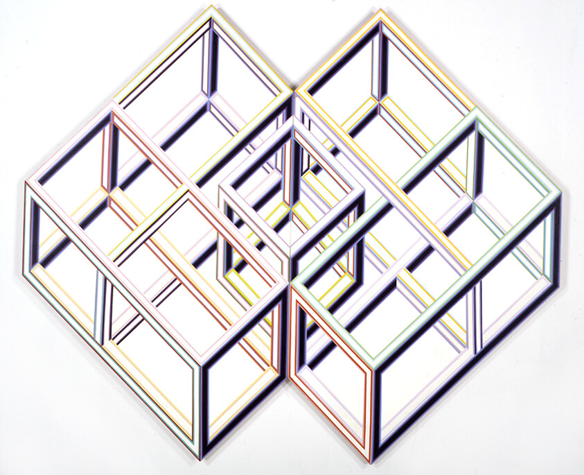 Complex geometric shapes made up of interlocking lines, similar to cubes, seen from above.