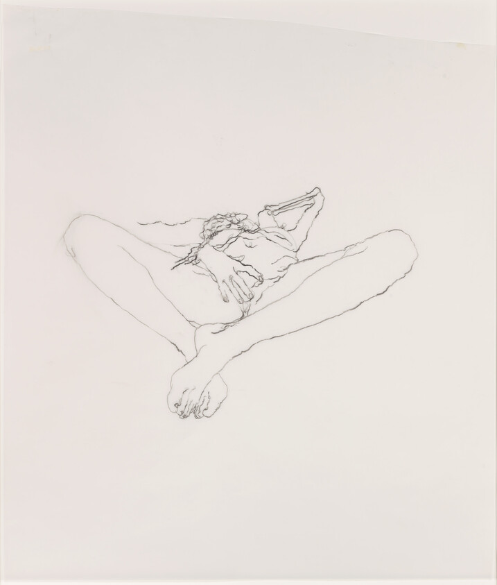 A thin line drawing shows a reclining person with legs spread and hands resting on their torso.