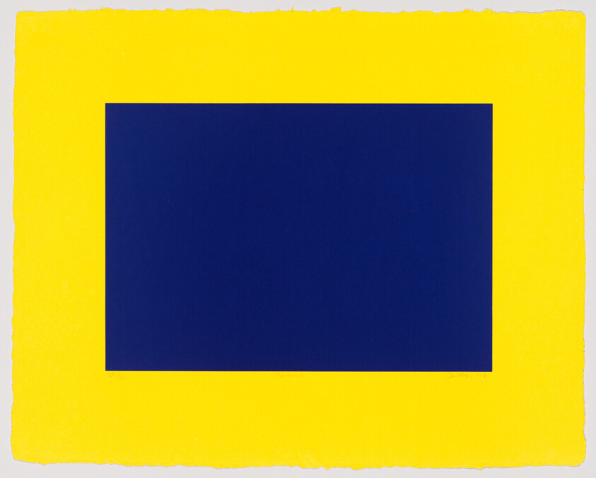 A minimalist artwork with a vibrant yellow border surrounding a deep blue square center.